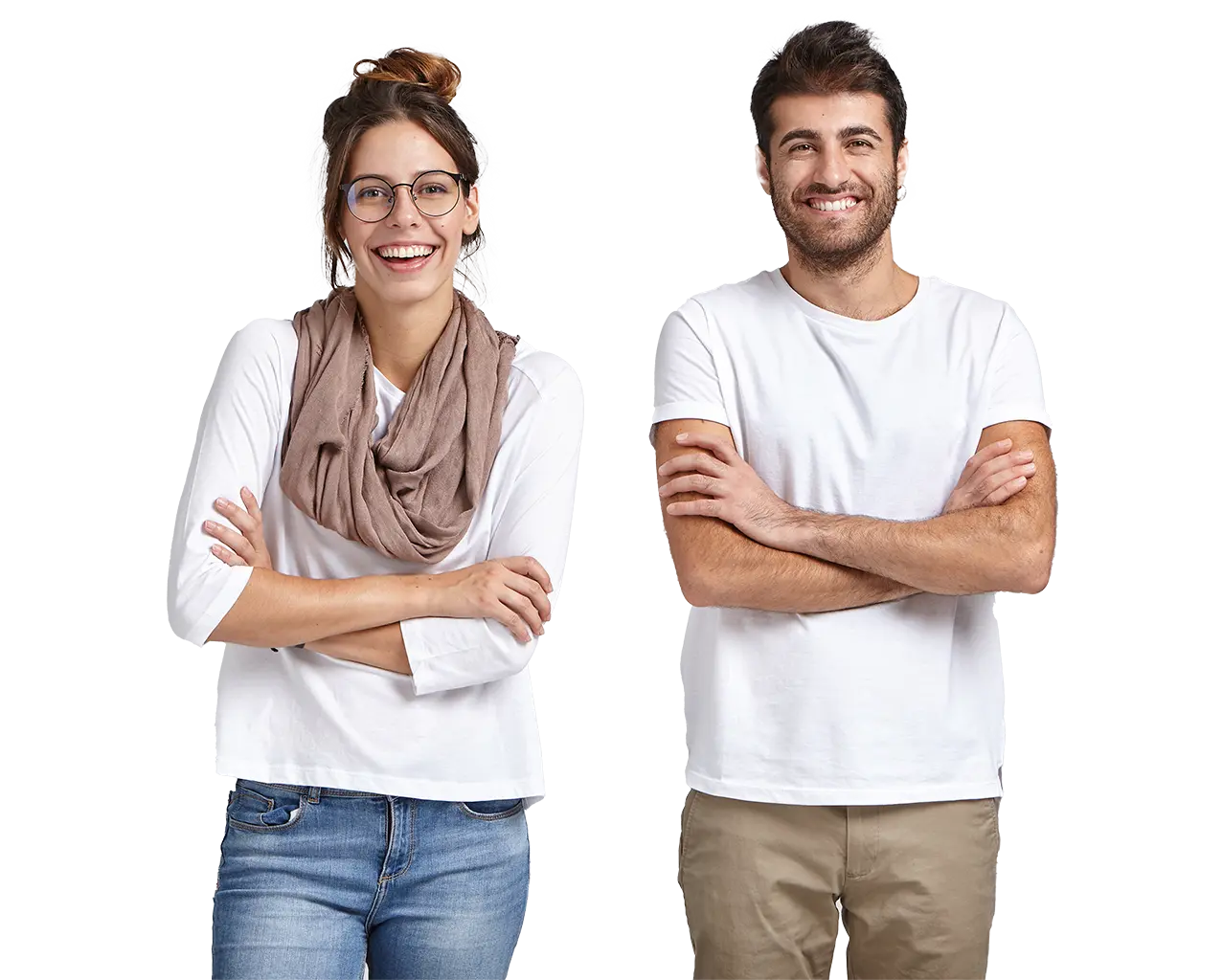 Girl and boy standing next to each other smiling and crossing their arms