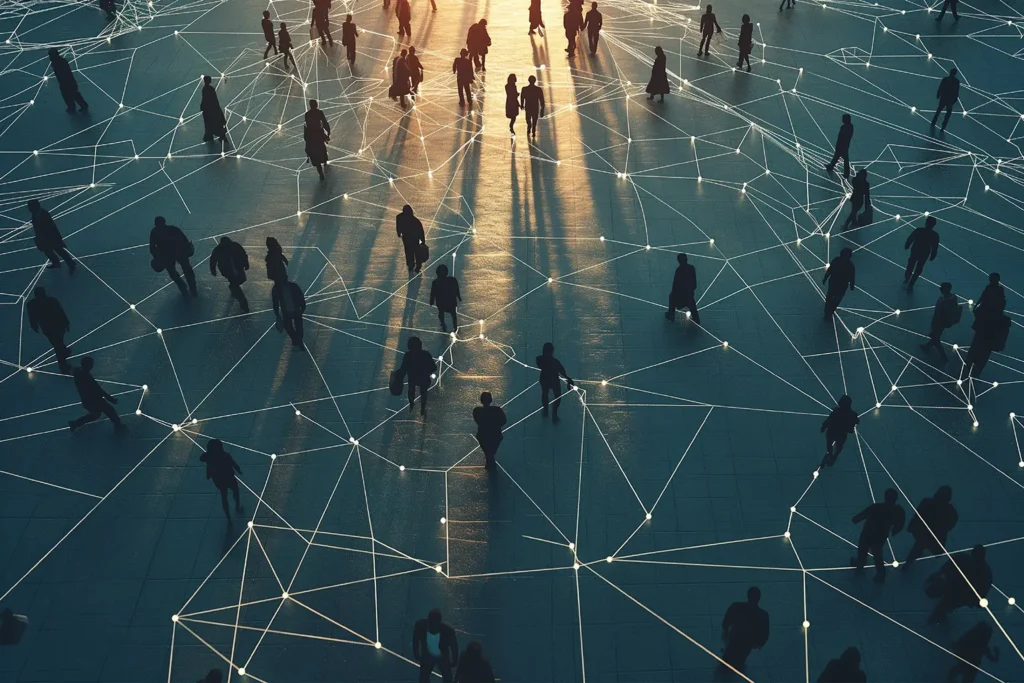 Illustration of people connected by a network, symbolizing the importance of networking in finding a job fast and efficiently using Advanced Employment Services.