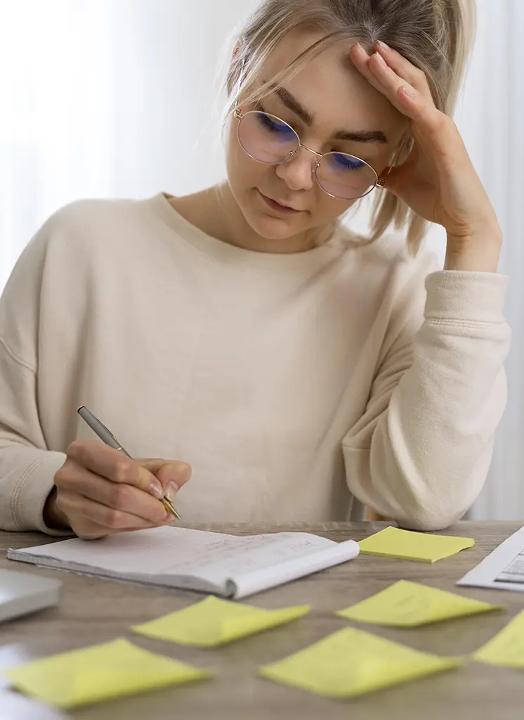 Female student wearing glasses, concentrating on writing notes while preparing for an assignment, representing focus and productivity in career planning, Advanced Employment Services.