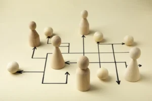 Wooden pawns arranged on a flowchart, symbolizing the process of delegation and task distribution, as recommended by Advanced Employment Services.