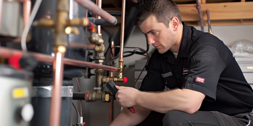 Plumber working on a complex pipe system, illustrating hands-on professional development in a career, supported by Advanced Employment Services.