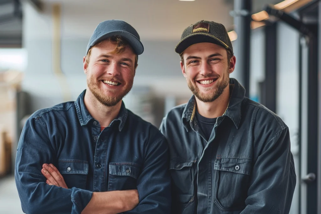 Two smiling employees showcasing camaraderie and strong office culture, contributing to workplace productivity, with guidance from Advanced Employment Services.