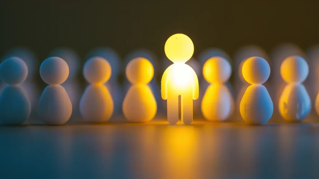 A glowing figure standing out in a group, symbolizing finding your unique career path and goals with the help of Advanced Employment Services.